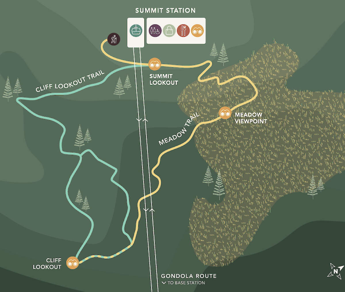 Illustrated trail map of the Okanagan Gondola Summit Station featuring Cliff Lookout Trail and Meadow Trail viewpoints